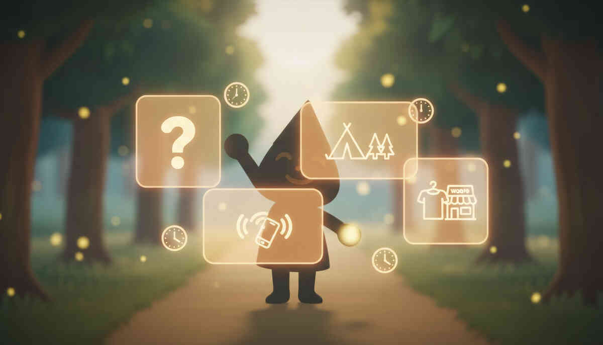 Soft dreamy FAQ scene—cute villager silhouette surrounded by floating icons (question mark, scan, tent, shop), warm reassurance, relief, and “everything finally makes sense” comfort