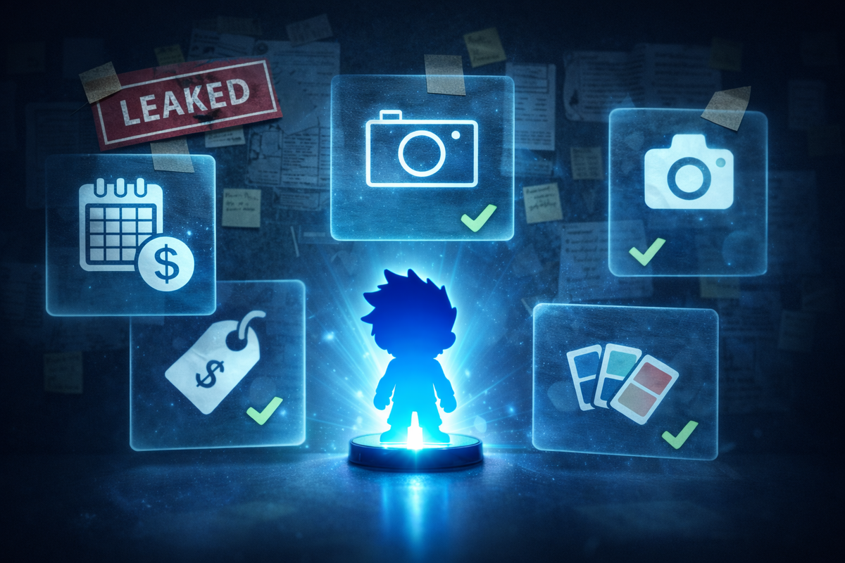 Leaked iPhone-style feature board—glowing icons for release date, price, camera, and colors circling a mysterious silhouette, secret-intel vibes and irresistible curiosity rush