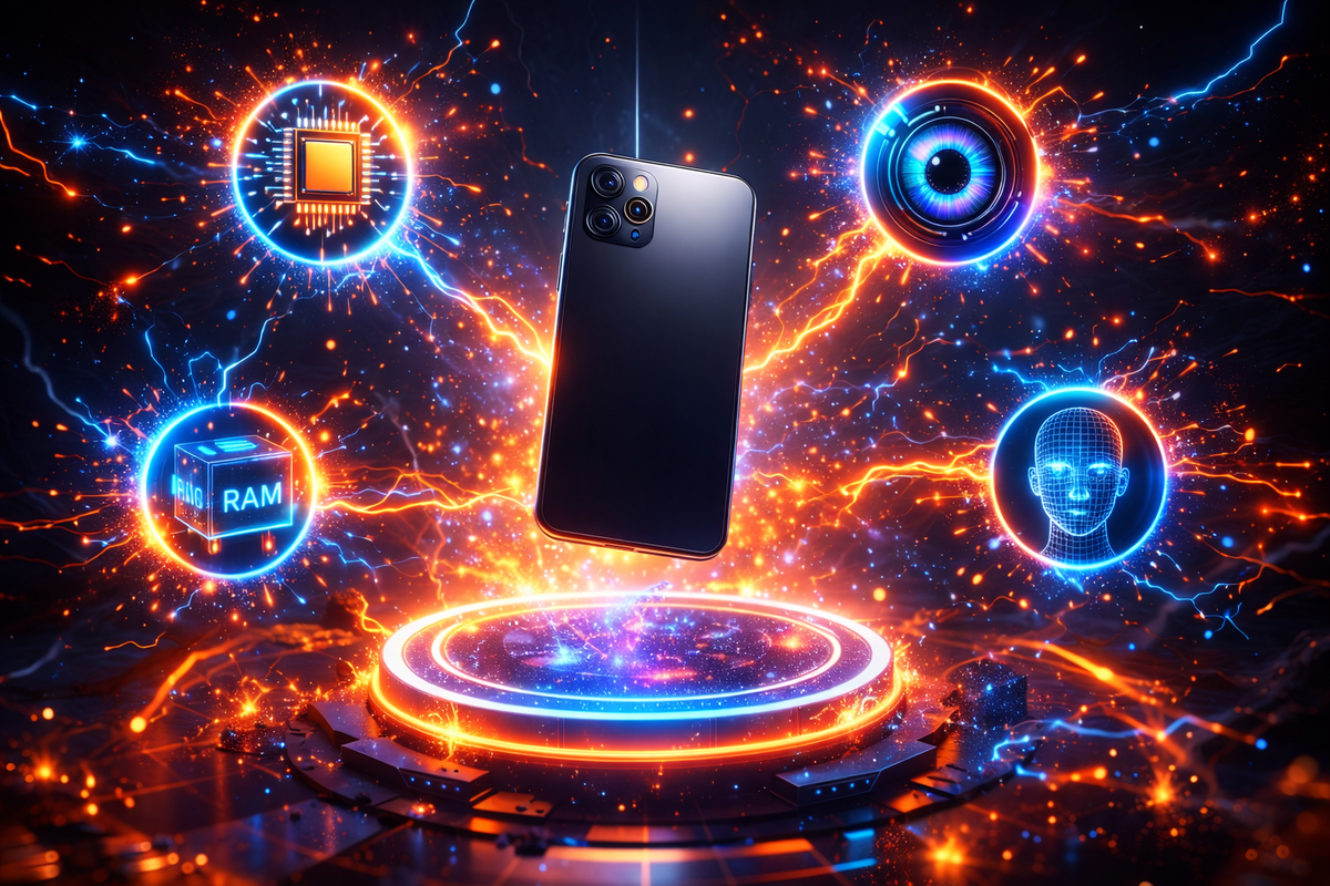 Next-gen phone power burst—chip, camera eye, Face ID grid, and RAM exploding in neon energy around a floating device, jaw-dropping “future unlocked” hype