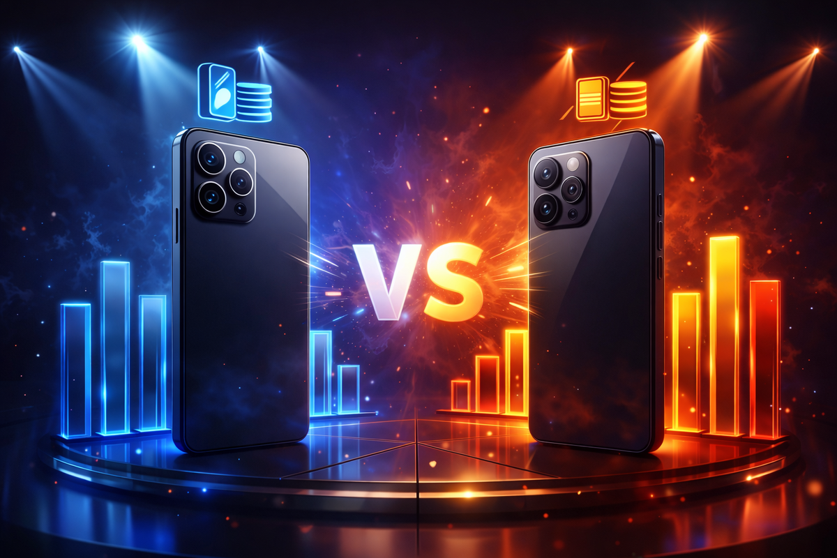 Head-to-head flagship showdown—two premium phones facing off under spotlights with rising stat bars, intense rivalry tension and “which one wins?” dopamine hit