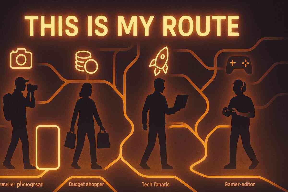 Personal upgrade roadmap—four lifestyle silhouettes choosing different routes (camera lover, budget hunter, tech addict, gamer/editor), bold “this is my path” confidence and relief