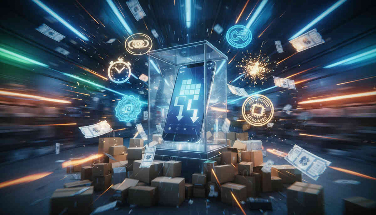 Deal-hunter chaos vault—phone locked in glass with flying cash, discount badges, timing icons and trade-in symbols, wild bargain-rush excitement and “don’t miss this” urgency