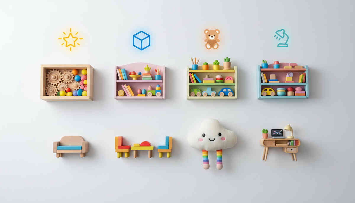 Cute furniture catalog wall—mini shelves, toy boxes, tiny sofas, plush cloud mascot and bright icons floating above, satisfying “collect them all” happiness and cozy clarity