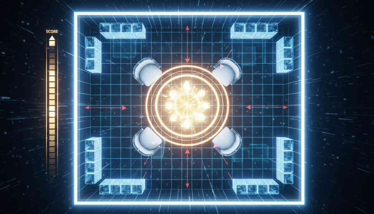 Top-down 6x6 perfect-score blueprint—glowing grid, centerpiece spotlight, corner symmetry arrows and rising score meter, intense “max points” obsession and victory energy