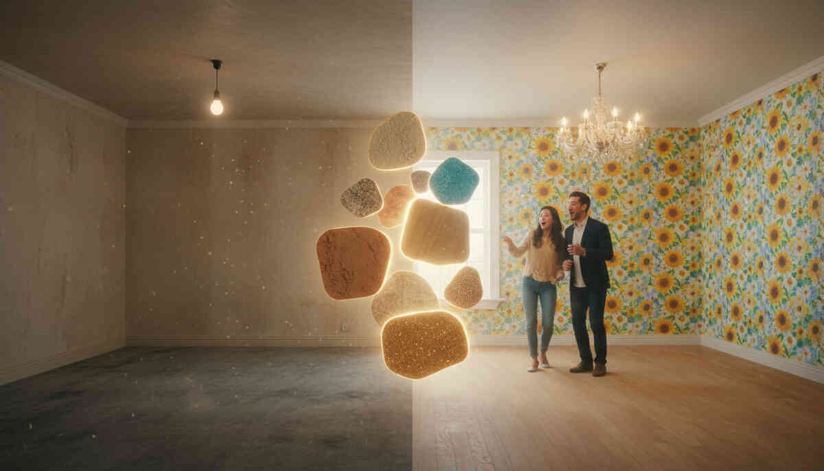 Before/after interior transformation split—boring empty room vs bright wallpaper paradise, glowing swatches mid-air, instant “wow it changed everything” surprise and inspiration