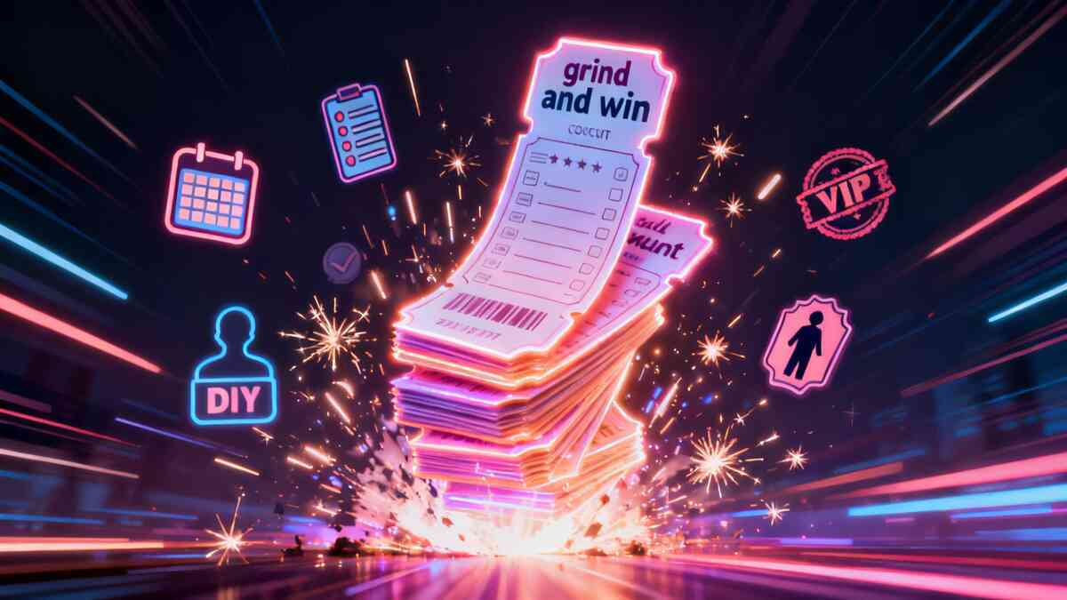Coupon farming explosion—stacked glowing tickets blasting upward with VIP, DIY, calendar and checklist icons, adrenaline grind-to-win momentum and jackpot-like excitement