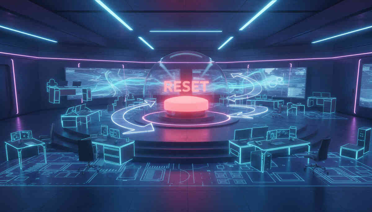 Neon remodel command center—giant glowing RESET button with swirling undo arrows over a room blueprint, soothing control and “I can fix anything” relief power