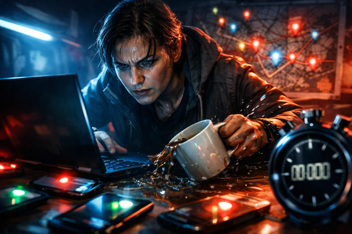 Sweaty late-night “intel war-room”—multiple phones flashing alerts, spilled coffee chaos, stopwatch panic, map pins blazing, tunnel-vision focus before the drop