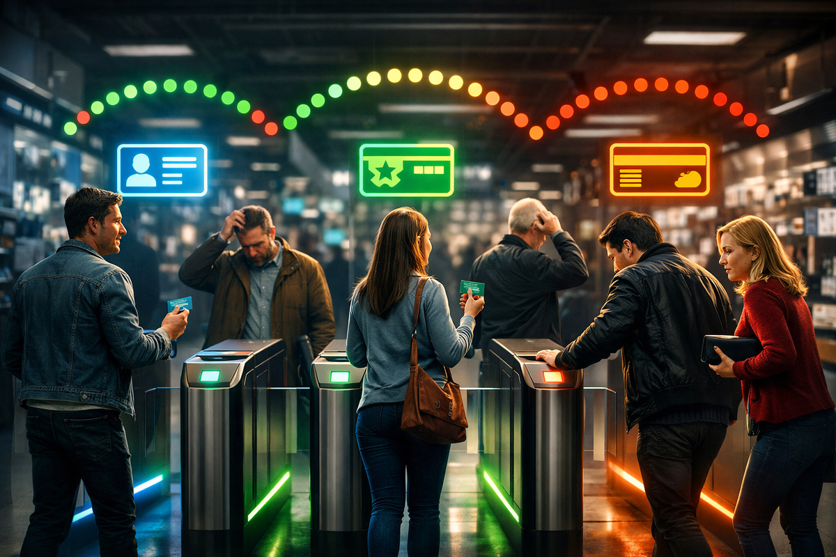 High-stakes checkout gates with ID/membership/payment icons—people hesitating under green-to-red signals, nerve-racking eligibility test to win the console