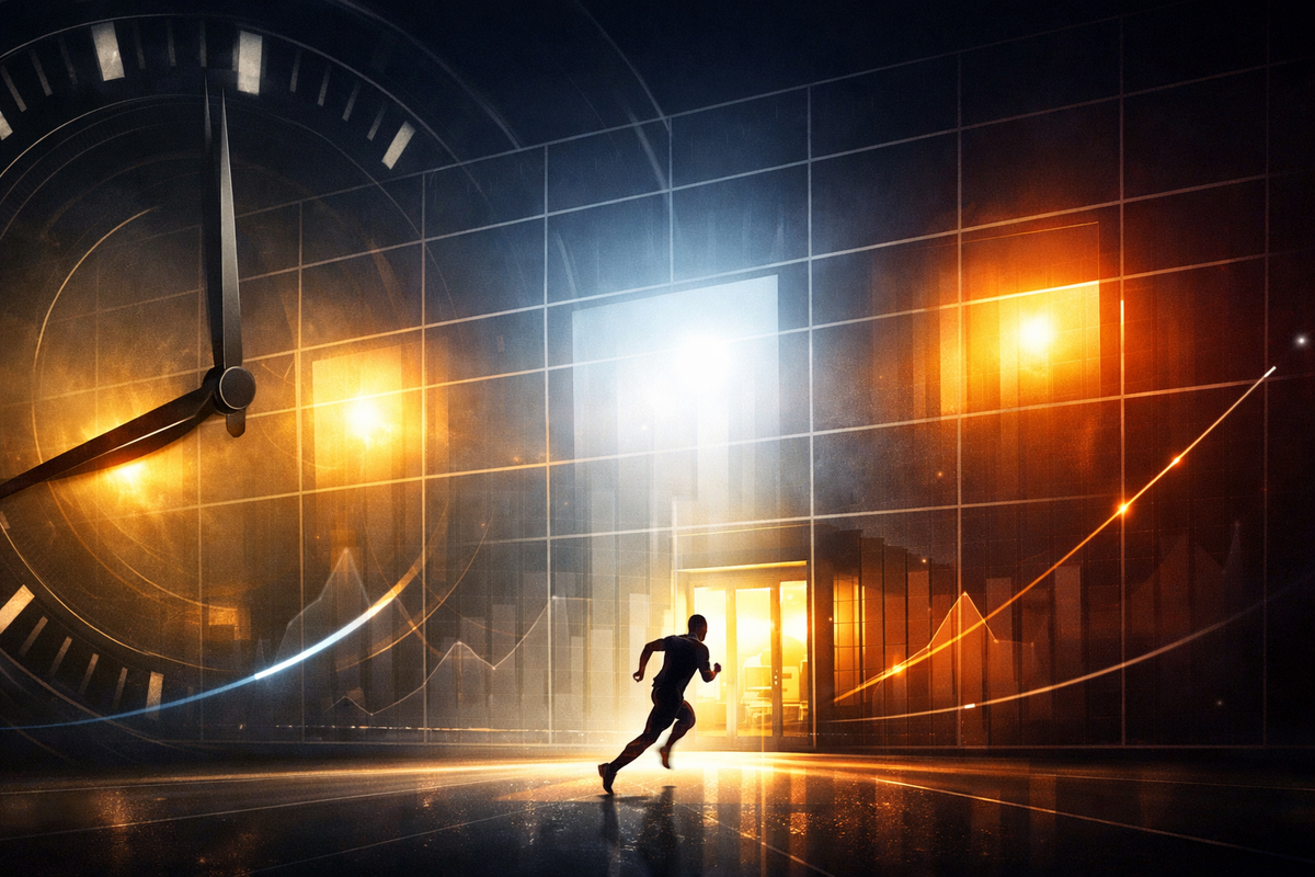 A lone runner sprinting toward bright store doors under a giant clock and rising data arcs—adrenaline timing strategy, last-minute window, do-or-die urgency