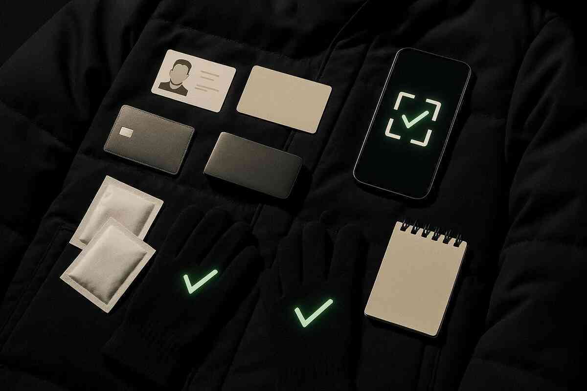 No-panic winter prep flat-lay—ID, blank cards, phone pass, power bank, hand warmers, glowing checkmarks, calm confidence before the chaotic rush