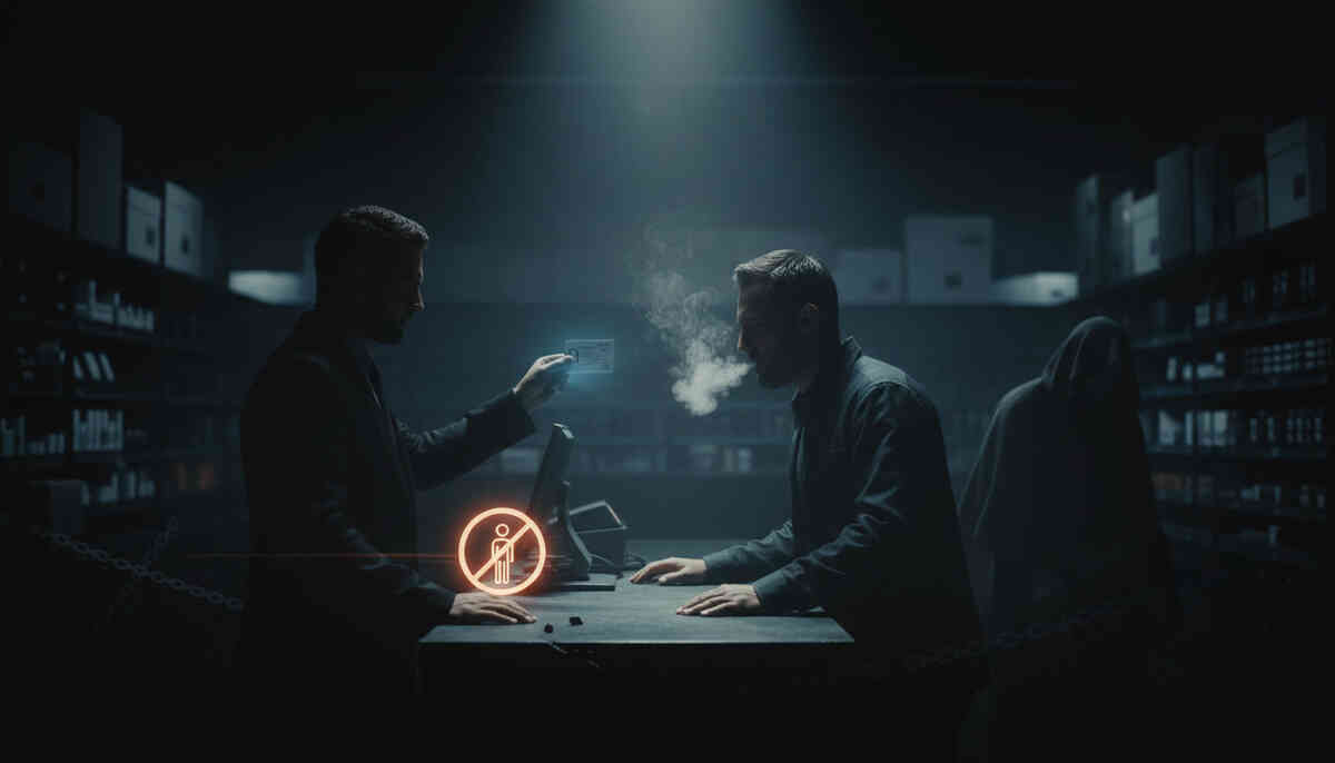 Cold counter showdown—ID scan under a harsh spotlight, real buyer’s relief, shady figure fading into shadow, anti-scalper barrier energy, righteous win vibes
