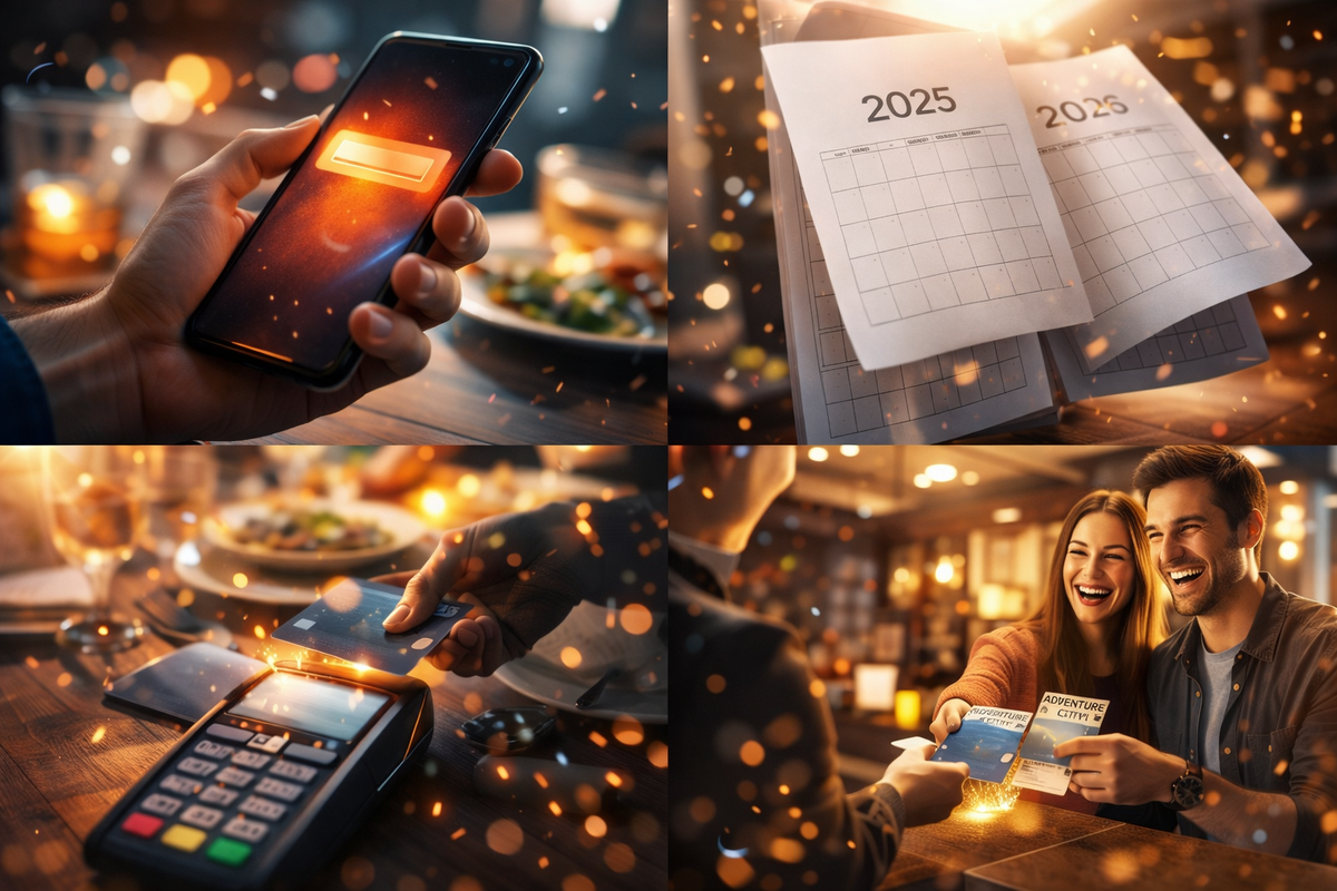 Four-scene glow story—voucher arrives on your phone, 2025→2026 calendar breathing room, tap-to-pay dinner thrill, laughing couple clutching tickets like a victory lap