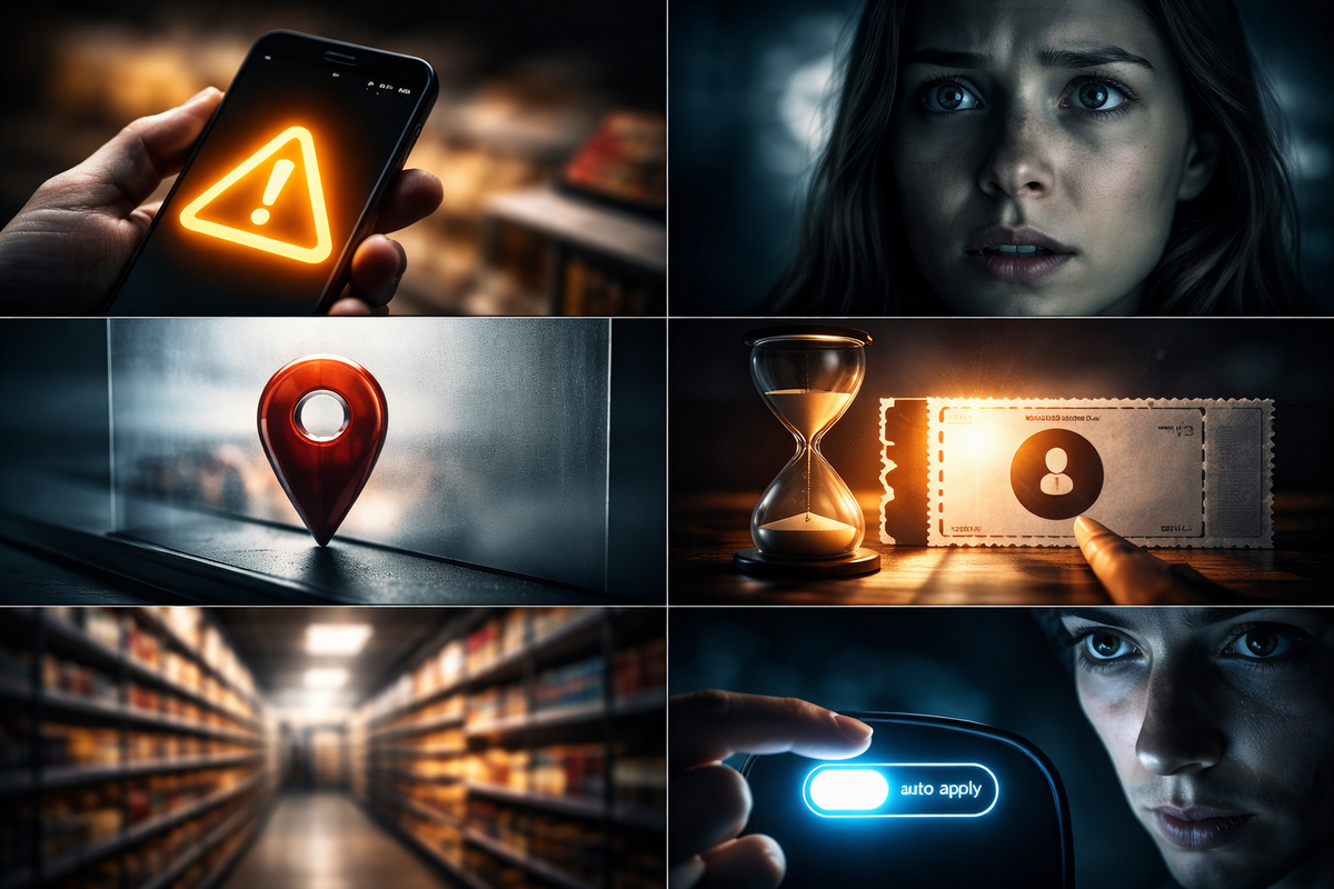 Red-alert collage—warning icon, worried eyes, blocked location pin, ticking hourglass beside ID check, blurred “can’t-use-here” aisle, auto-apply panic… the gotcha rules that sting