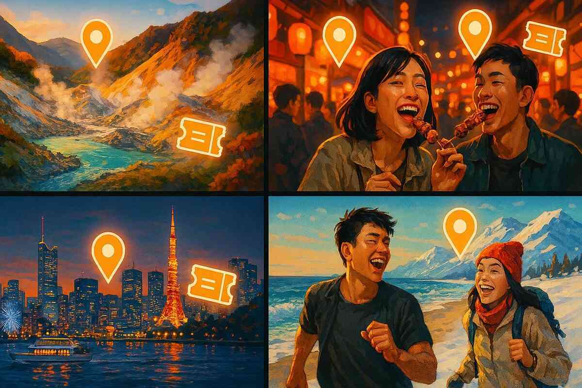 Dream-trip mosaic—steaming valley escape, street-food date bliss, glowing skyline night, snowy adventure sprint—location pins and ticket icons screaming wanderlust and “spend it now”