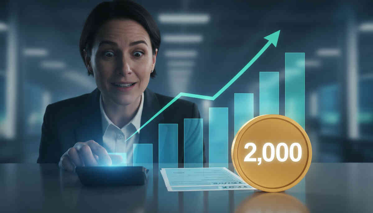 Wide-eyed shock turns to relief—rising bars, paperwork haze, and a giant “2,000” coin centerpiece… the brutally clear “I actually profit” moment