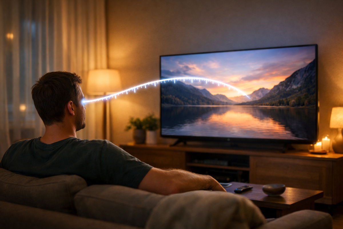 Cozy living-room distance hack—eyes-to-screen arc showing the sweet spot—calm comfort vibes, tension melting away, headache-free viewing bliss