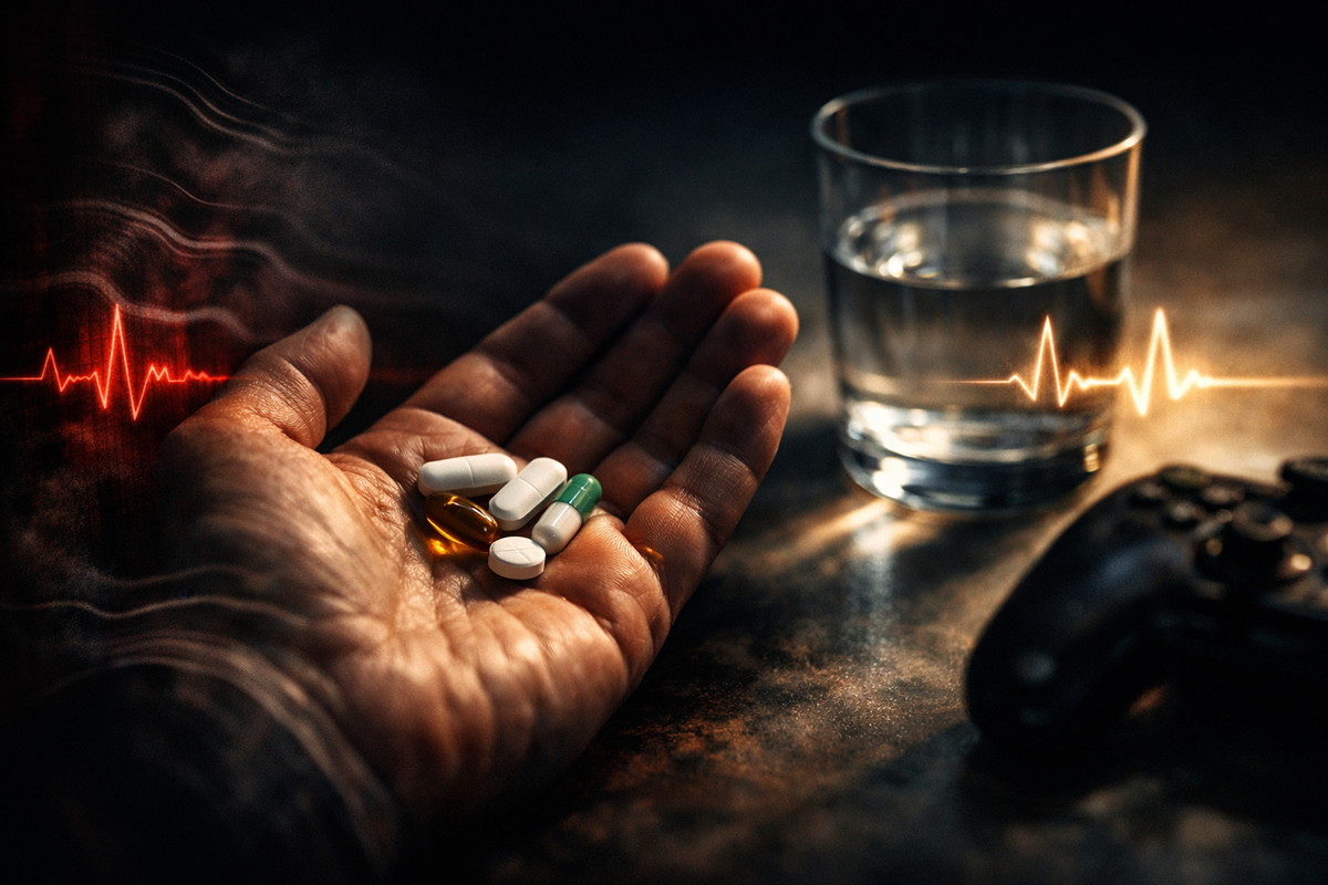 Palm full of unbranded pills beside a glass of water and controller—nervous hope, urgent nausea relief, “please kick in fast” pre-game survival moment