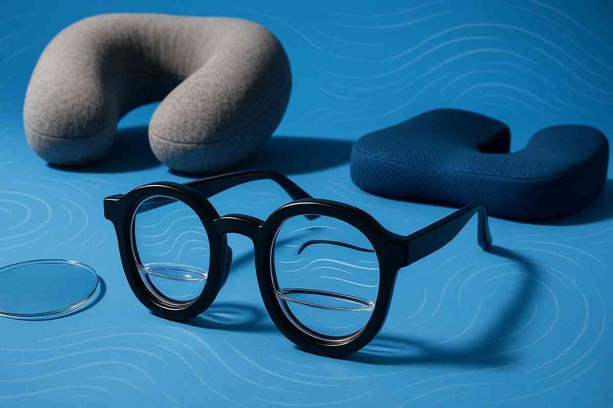 Motion-sickness glasses hero shot on a clean blue surface—steadying “liquid horizon” effect, sleek science-y calm, anti-dizzy confidence boost