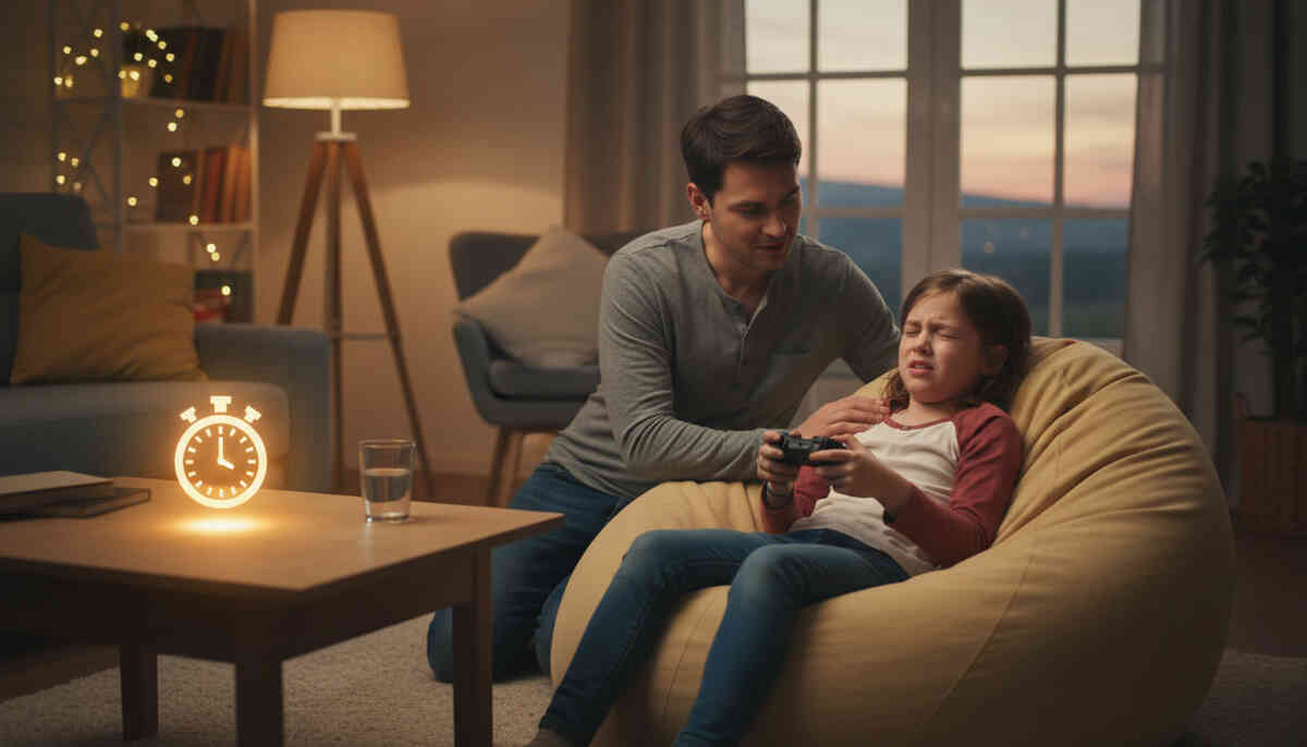 Parent gently stopping a queasy child mid-game—glowing break-timer reminder, protective warmth, tear-edge frustration turning into safe, soothing relief