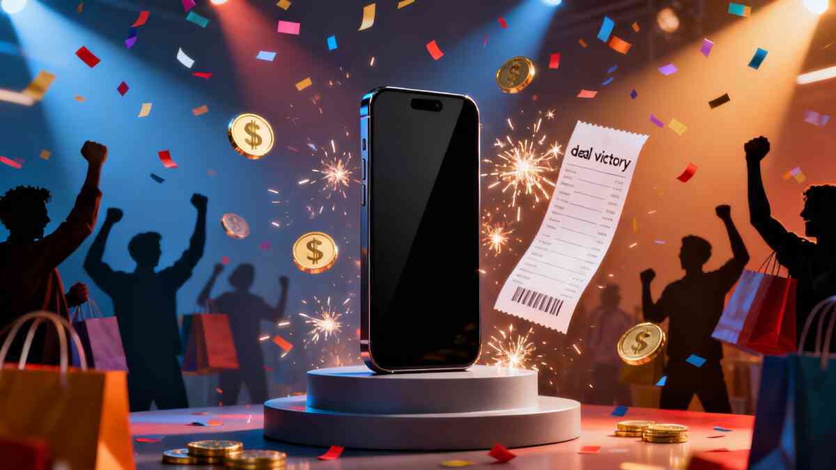 Smartphone on a winner’s podium with confetti, fireworks, cashback coins, and a victory receipt—deal euphoria, points-powered dopamine, “I scored it!” adrenaline