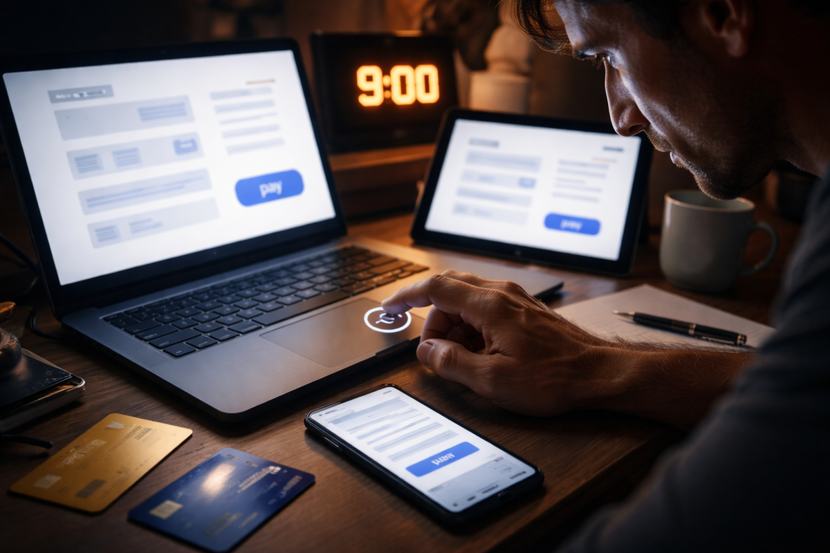 Multi-device checkout battle at 9:00 sharp—finger hovering over pay, cards ready, tunnel-vision focus, heart-racing preorder sprint