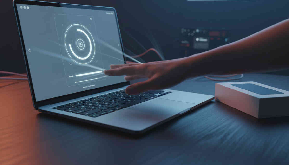 A loading ring on a laptop as a hand reaches for the final click—refresh-frenzy tension, last-second anxiety, unboxing-level anticipation