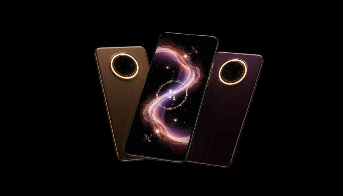 Three premium smartphones floating in darkness with glowing camera rings—new-color temptation, futuristic aura, unstoppable upgrade lust