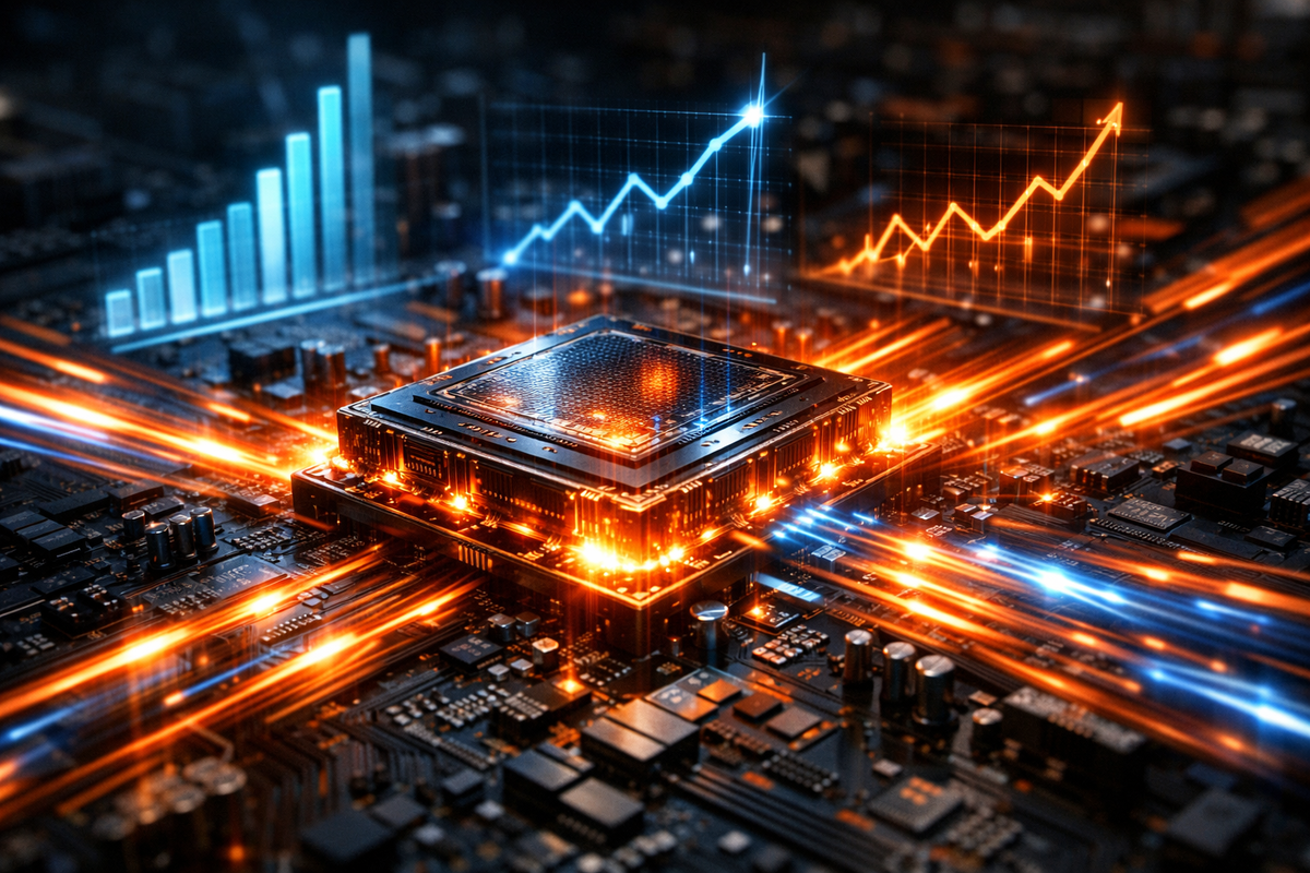 Next-gen chip detonating with light—energy streams ripping across circuits, performance graphs surging, savage speed aura, unstoppable power vibes