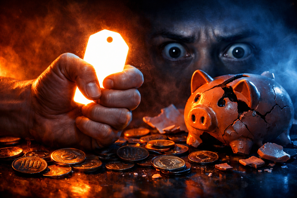 Glowing price tag in a clenched fist beside a cracked piggy bank—coins scattered, wide terrified eyes, brutal cost shock, wallet-pain anxiety