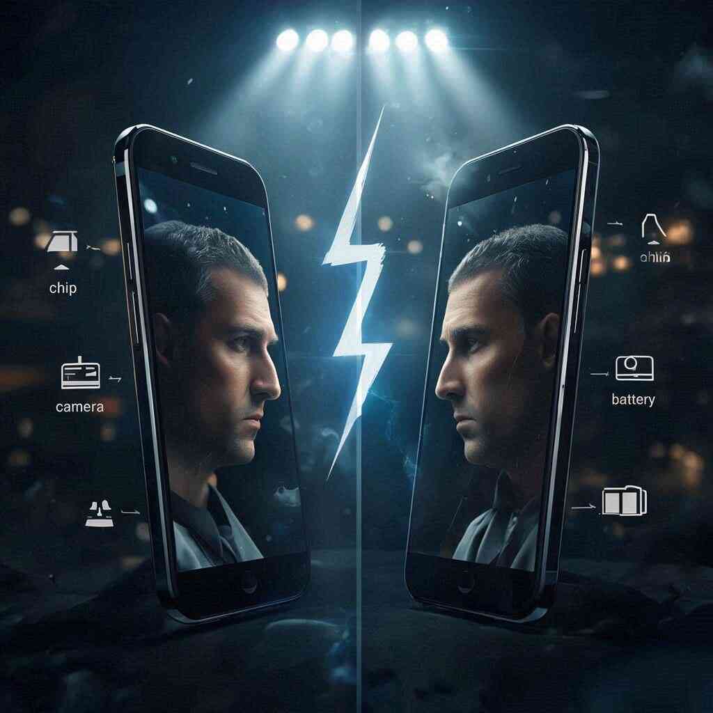 Two smartphones in a cinematic face-off—lightning split down the middle, chip/camera/battery icons hovering, intense rivalry mood, winner-takes-all hype