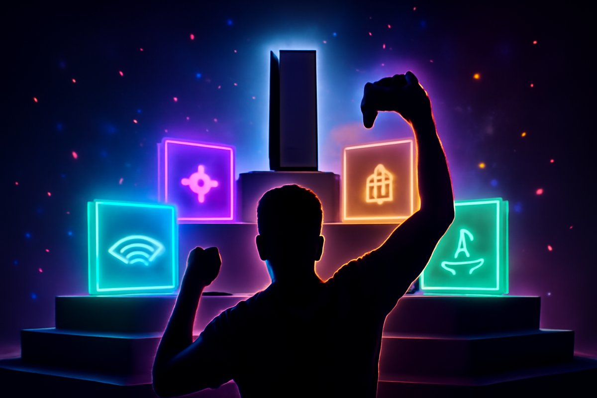 Epic future lineup on a neon podium—multiple phone silhouettes glowing like artifacts, confetti sparks, fist-pump excitement, dream-upgrade adrenaline