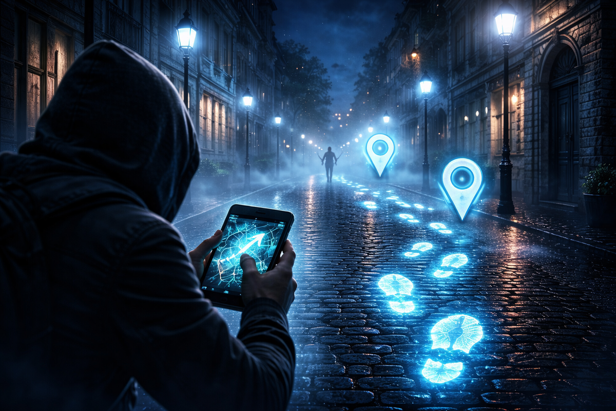 Hooded hunter tracking glowing footprints on a rainy night street—map pins blazing ahead, tense chase vibe, obsession-level capture adrenaline