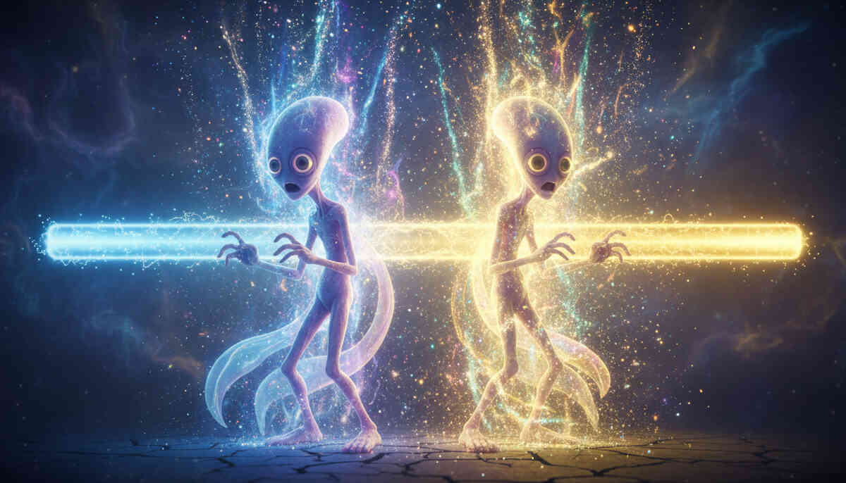 Blue vs gold shiny split—two eerie alien-like beings with opposite auras, jackpot tension, “is this the rare one?” heart-stopping thrill