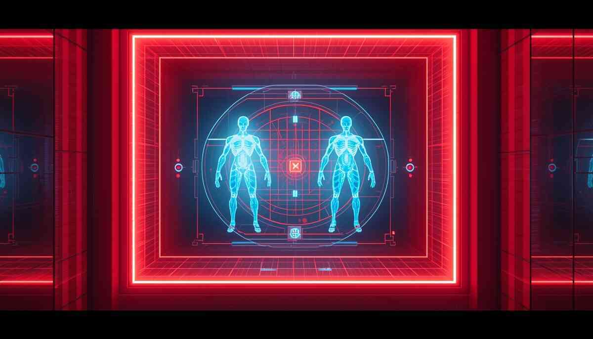 Neon training chamber with twin hologram bodies—perfect-build obsession, ruthless optimization mood, futuristic “meta strategy” intensity