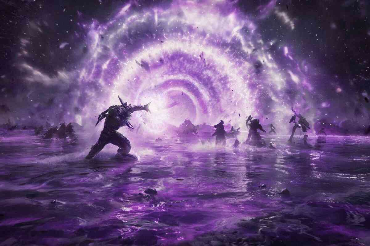 Violet dimensional shockwave swallowing a battlefield—silhouettes fighting against the impossible, chaotic endgame panic, cinematic doom energy
