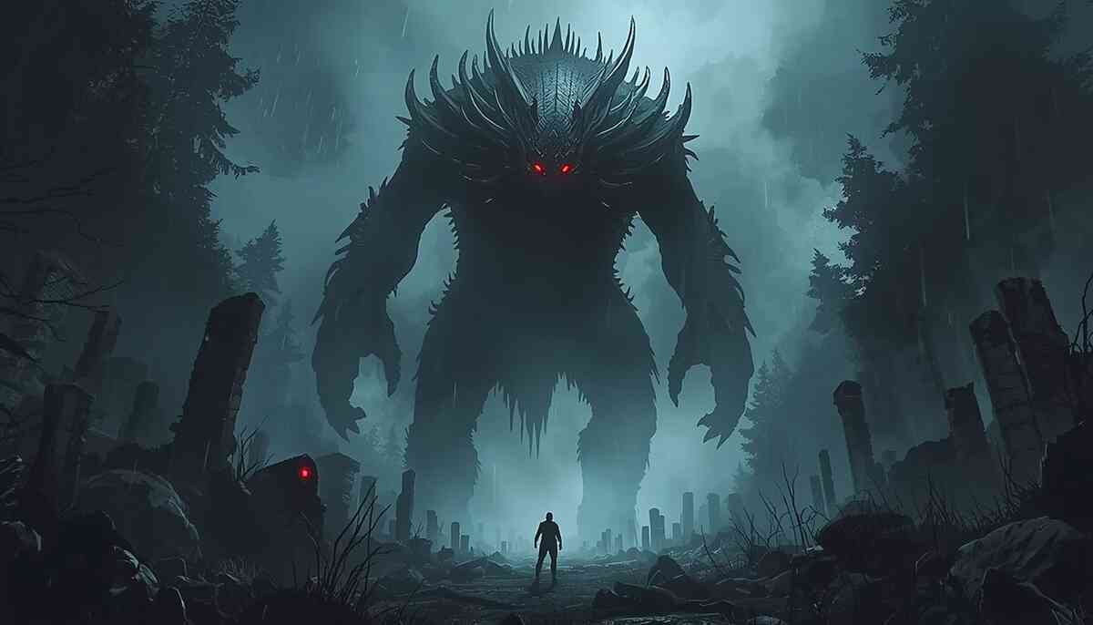 Giant shadow monster with red eyes towering over a lone figure—alpha terror moment, spine-chilling danger, fearless showdown adrenaline
