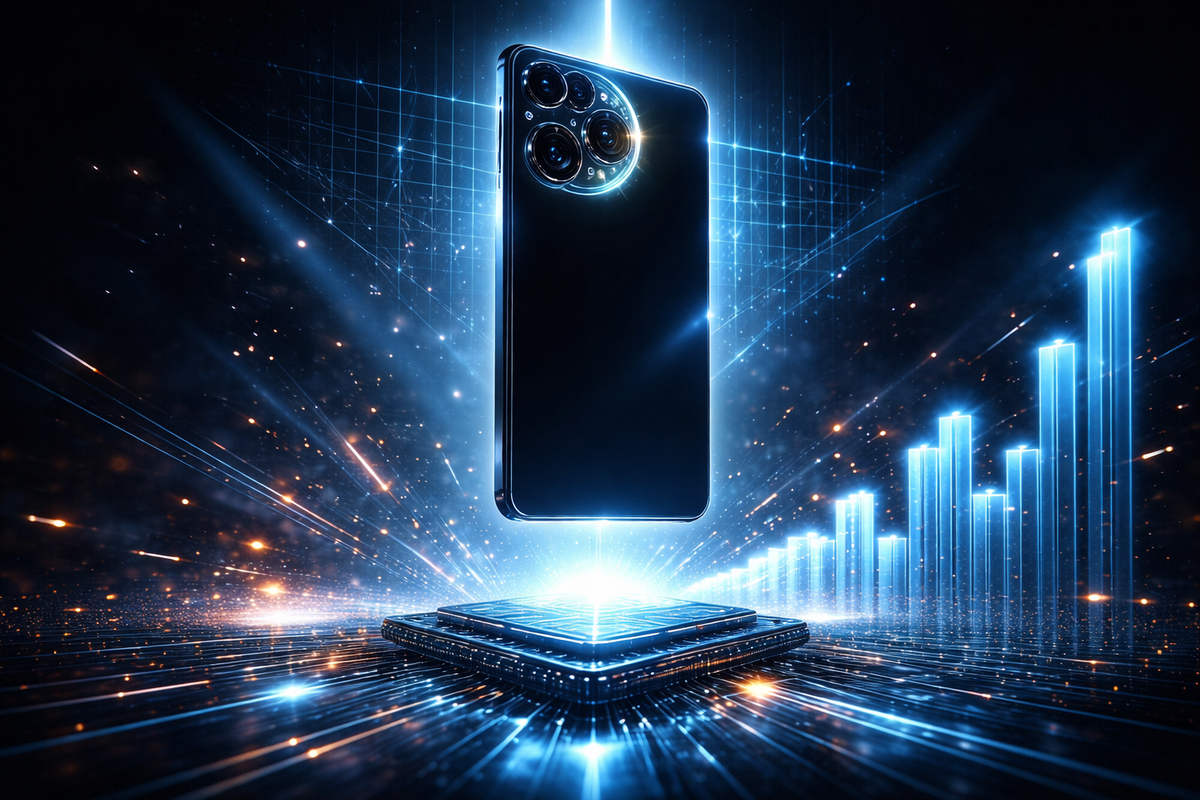 Flagship upgrade shock—premium phone floating above a blazing chip, power graphs surging, “next-gen is here” hype with unstoppable futuristic energy