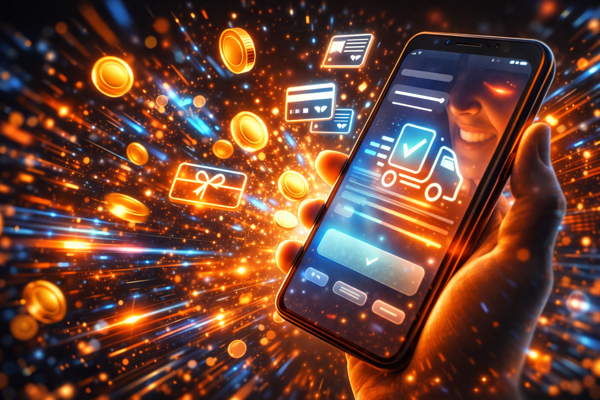 Checkout victory explosion—coins and points flying everywhere, one-tap cart confirmed, dopamine rush of discounts, fast-delivery joy, winning vibe