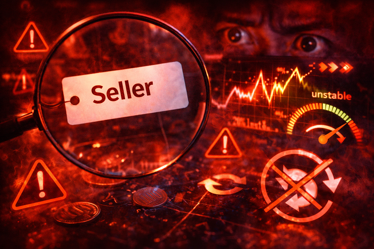 Seller trap alert—magnifying glass on the seller label, unstable stock meter spiking, warning icons screaming danger, fear of getting scammed