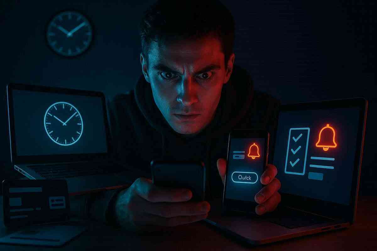 No-miss preorder setup—multiple devices locked in, alarms armed, checklist glowing, intense focus and obsession to secure stock at the first second
