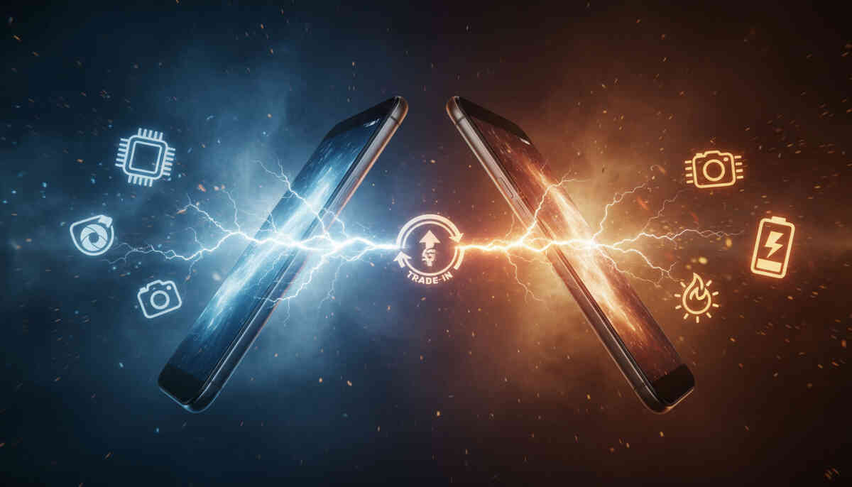 Upgrade face-off showdown—two phones collide with lightning, trade-in decision pressure, specs vs value battle, ruthless “choose your winner” tension