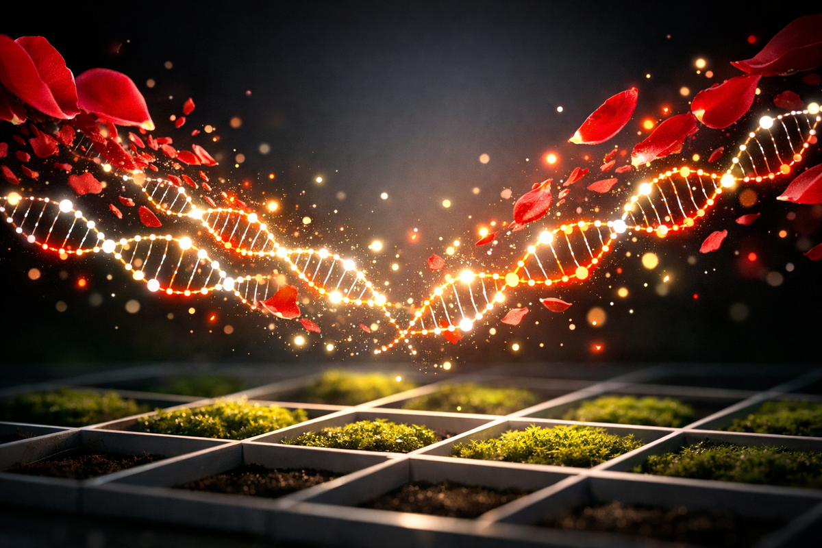 Golden DNA helix made of light with red petals exploding around it—secret flower genetics revealed, mind-blown discovery, electric curiosity, fate-changing insight