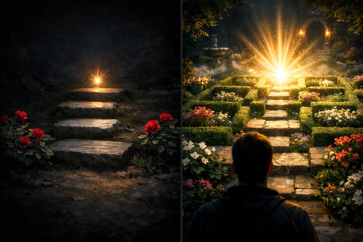 Split-path garden journey from darkness to radiant bloom—one tiny spark vs blazing success, suspenseful choice, heart-pounding hope, “which route wins?” energy