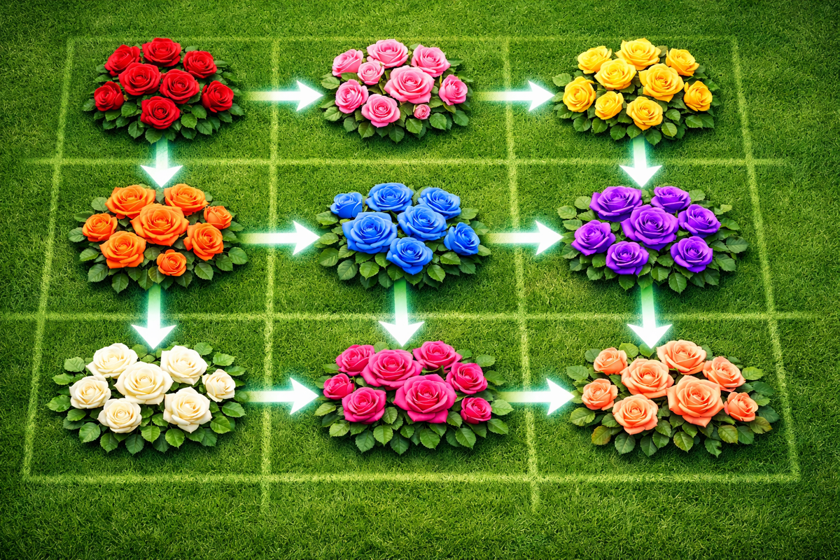 Top-down rose breeding roadmap with bold arrows and color clusters—step-by-step power plan, satisfying progress, dopamine hits, unstoppable “I can do this” momentum