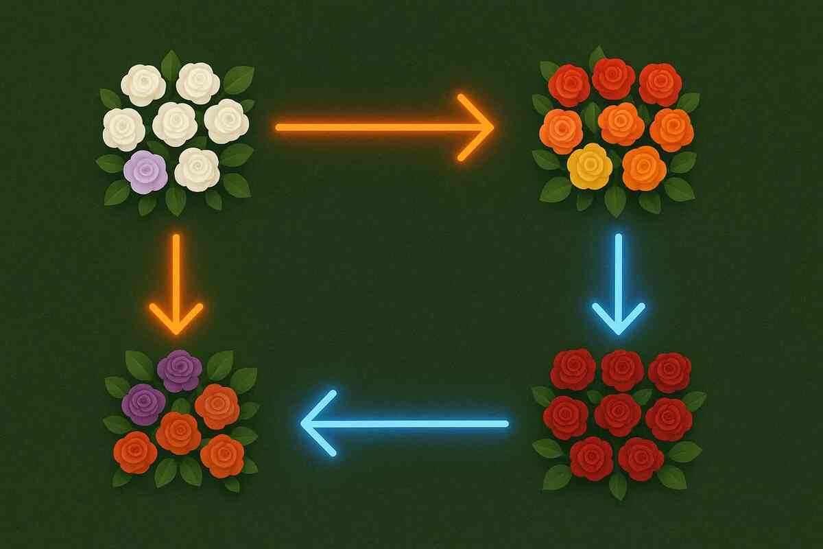 Simple 4-step flower crossover flowchart on a green grid—fastest shortcut route, ruthless efficiency, high-risk high-reward thrill, speedrun-style strategy