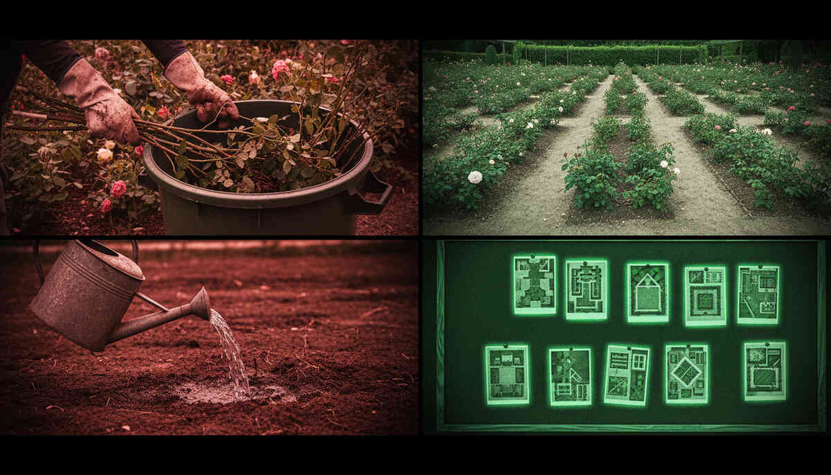 Warning montage: trashing wrong flowers, spacing garden plots, daily watering discipline—panic-to-control transformation, fail-proof rules, intense “don’t mess this up” urgency