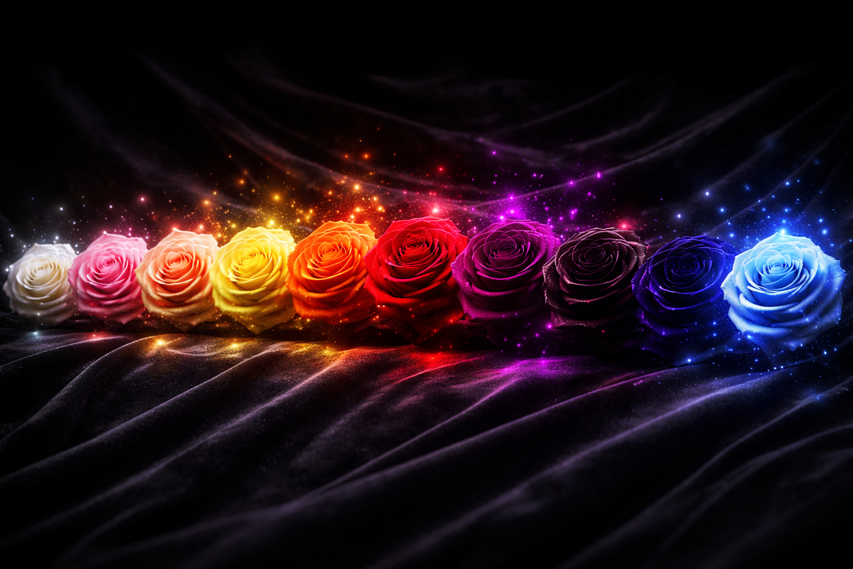 Nine roses in a glowing rainbow lineup on dark velvet—rarity vibes from common to legendary blue, jaw-dropping beauty, collector obsession, dopamine-rich color hunt