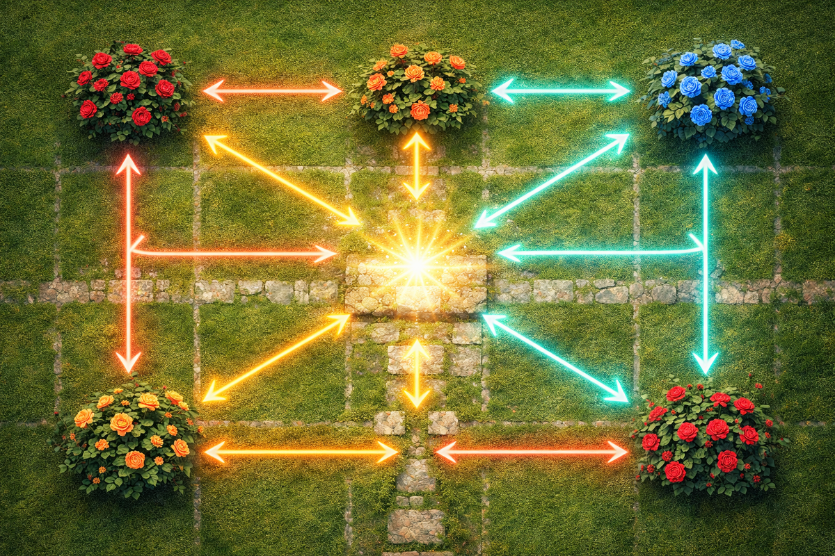 Top-down breeding layout with neon arrows on a garden grid—precision cross-pollination strategy, satisfying order, “this finally makes sense” breakthrough rush