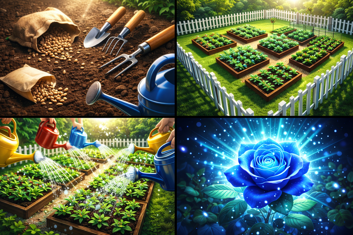 4-panel blue rose mission: seeds and tools → fenced garden beds → group watering power boost → explosive blue bloom reveal, goosebumps triumph, instant victory high